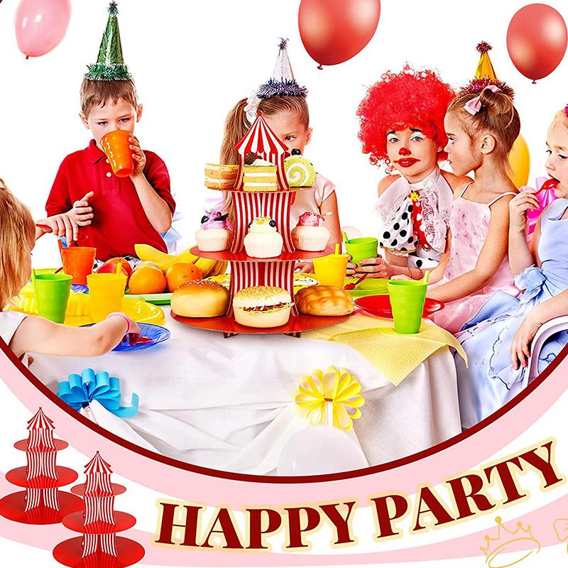 1Set 3 Tier Circus Carnival Paper Cupcake Stand Red Striped Cake Decorating Supplies Children'S Day Dessert Cupcake Stand