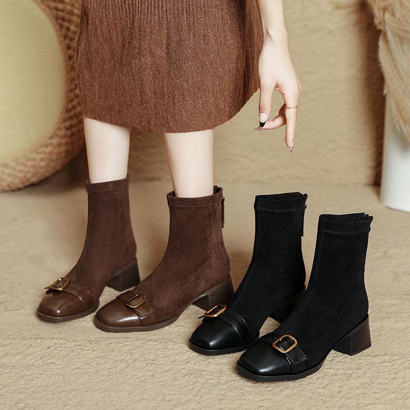 Square Head Skinny Boots Thick Heel Medium Boots British Style Black Suede Small Short Boots