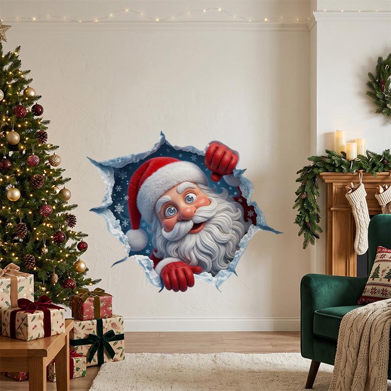 Christmas 3D Break Wall Santa Claus Wall Sticker Self Adhesive Removable 2027 Xmas Decor Bedroom Home Window Party Decor