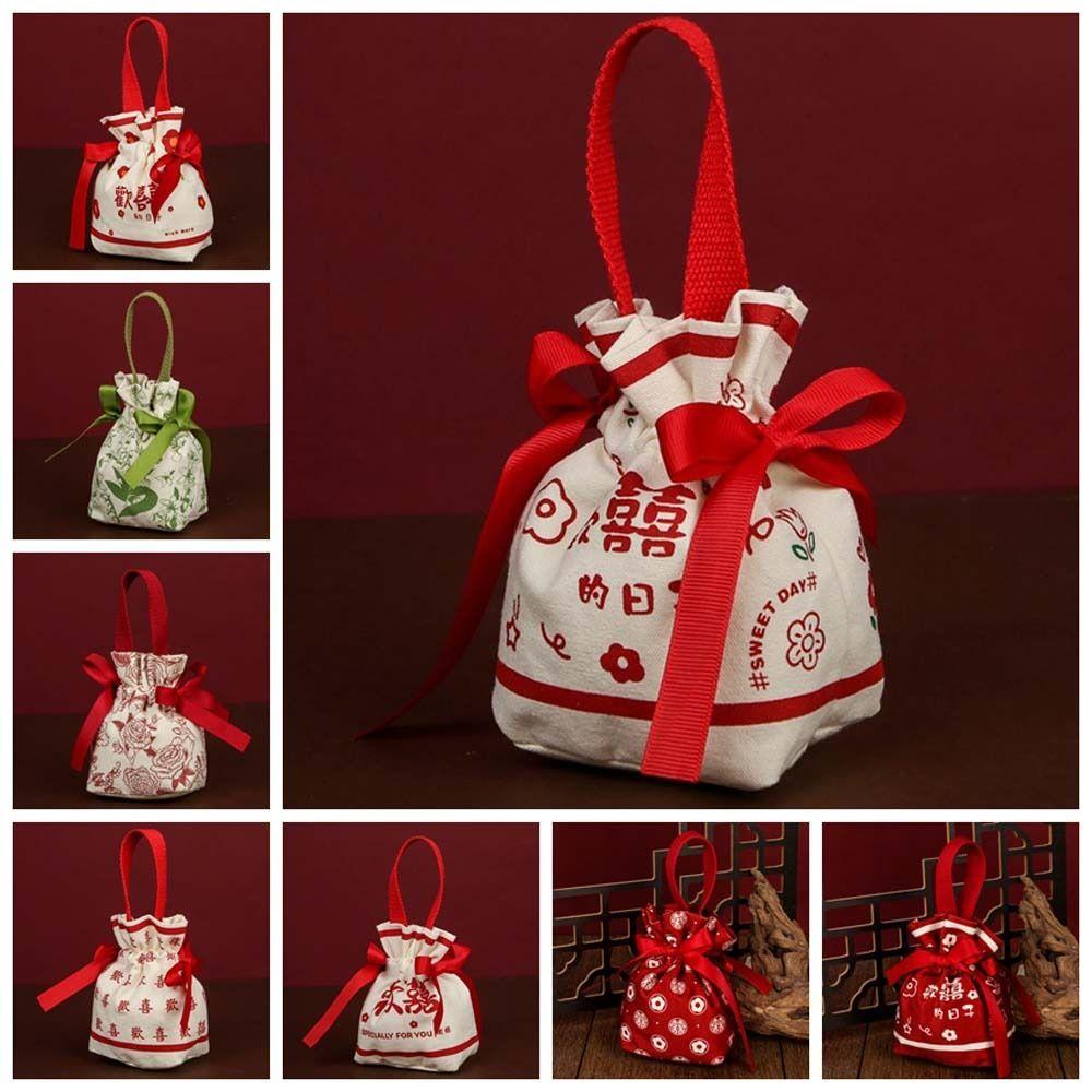 Letter Canvas Drawstring Bag Floral Bowknot Handbag Elegant Festive Sugar Bag Party