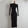 French New Arrival Solid Color Square Collar Sunken Stripe Long Sleeves Knitting Dress Women's Clothing Fall/Winter Slim Slimming Overknee Long Dress