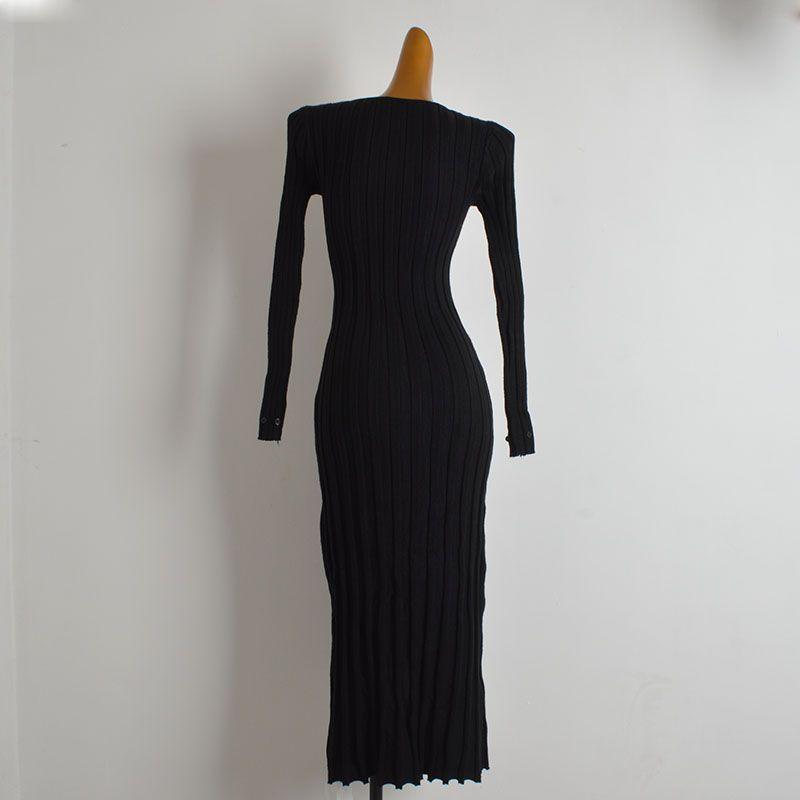 French New Arrival Solid Color Square Collar Sunken Stripe Long Sleeves Knitting Dress Women's Clothing Fall/Winter Slim Slimming Overknee Long Dress