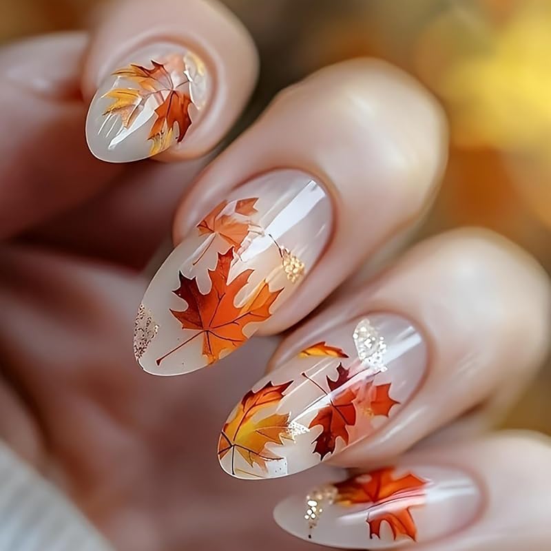 Fall Leaf Press On Nails Thanksgiving Fake Nails with Rhinestones Design Long Almond Autumn Acrylic Nail Glossy Maple Leaves Glue On Nail for Women