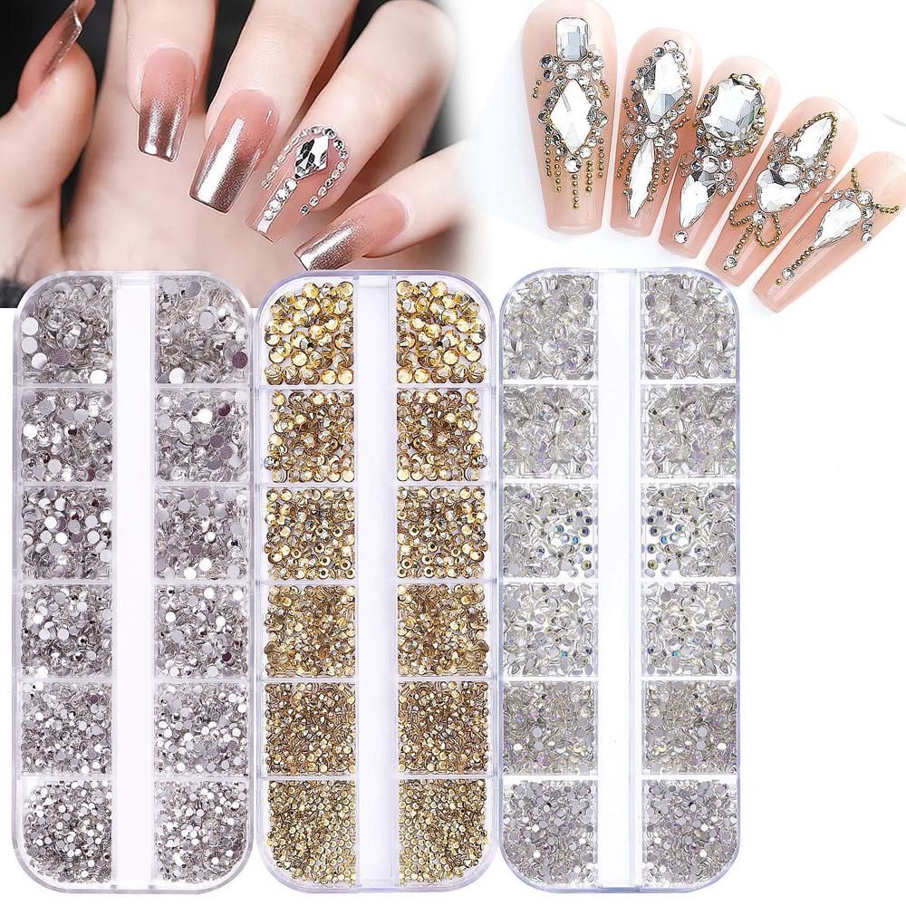 12Grids AB+Clear Diamond Crystal Nail Rhinestones 1.5mm-4mm 3D Nail Art Glass Decorations Nail Charm Flatback Gems Nail Salon F6