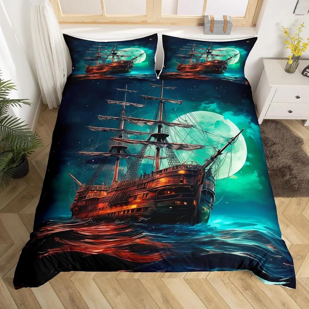 Sailboat Bedding Set Sailing Ship Comforter Cover Ocean Wave Nautical Duvet Cover For Kids Boys Girls Cartoon Ship