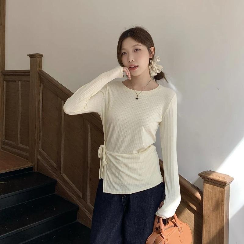 

Designed Vertical Striped Front Shoulder Irregular Splicing Lace-up Long Sleeves Slimming Chic Bottoming Shirt for Women 4XL бежевий