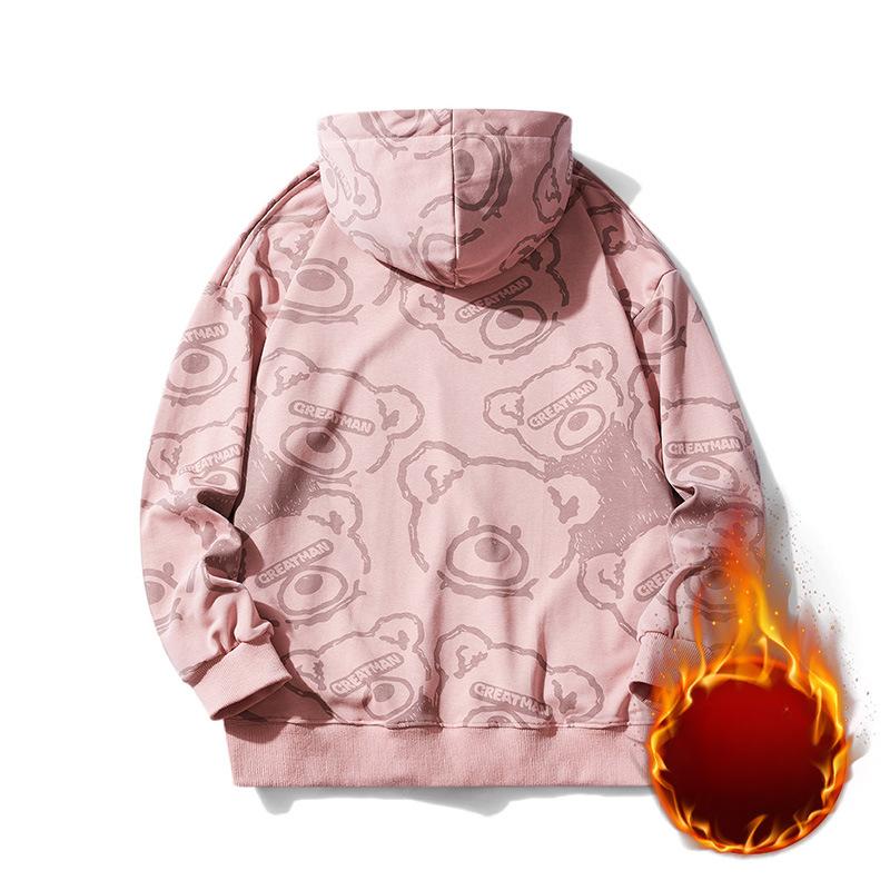 Marca de Moda Otoño e Invierno Casual, Versátil, Cómoda y a la Moda Sudadera de Terciopelo con Capucha y Estampado Integral de Oso para Parejas