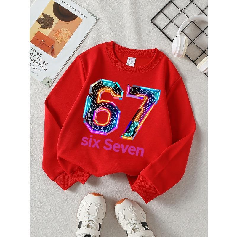 Girls' Long-Sleeve Round Neck Sweatshirt with Printed Neon Circuit Number Design, Suitable for Spring And Autumn, Fashionable And Casual