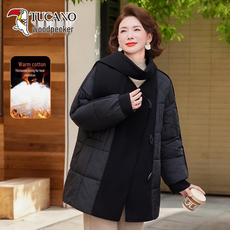 TUCANO Women's Warm Knit-Spliced Winter Jacket with Scarf Collar