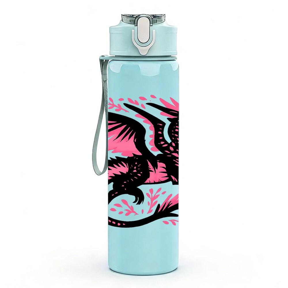 1PC Pink Black Dragon Art 750ml Color Plastic Sports Water Bottle Leakproof Flip Straw Lid Suitable for Sports Office Home Use