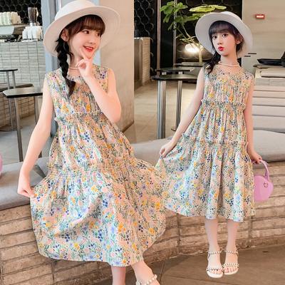 Girls Summer Cotton Sleeveless Dress Pure Cotton Floral Tank Top Forest Suspension Vacation Summer Travel Trend