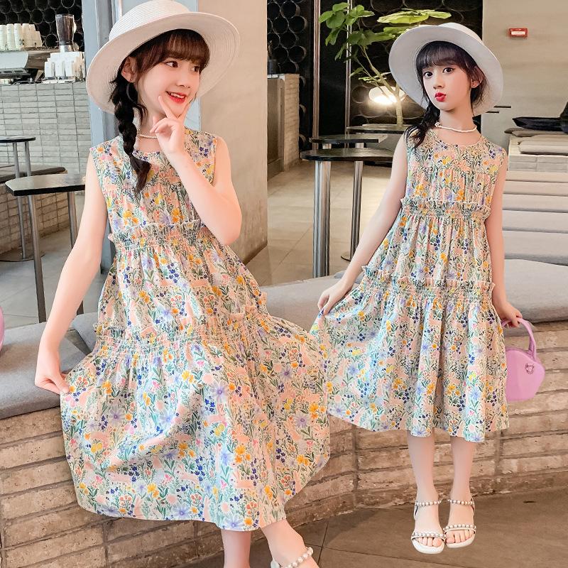 Girls' Summer Cotton Sleeveless Dress Pure Cotton Floral Vest Dress Forest Tie Suspender Dress