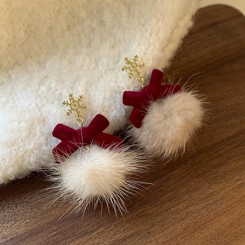 Snowflake Red Bow Hairball Earrings Creative Versatile Earrings Autumn and Winter Earrings