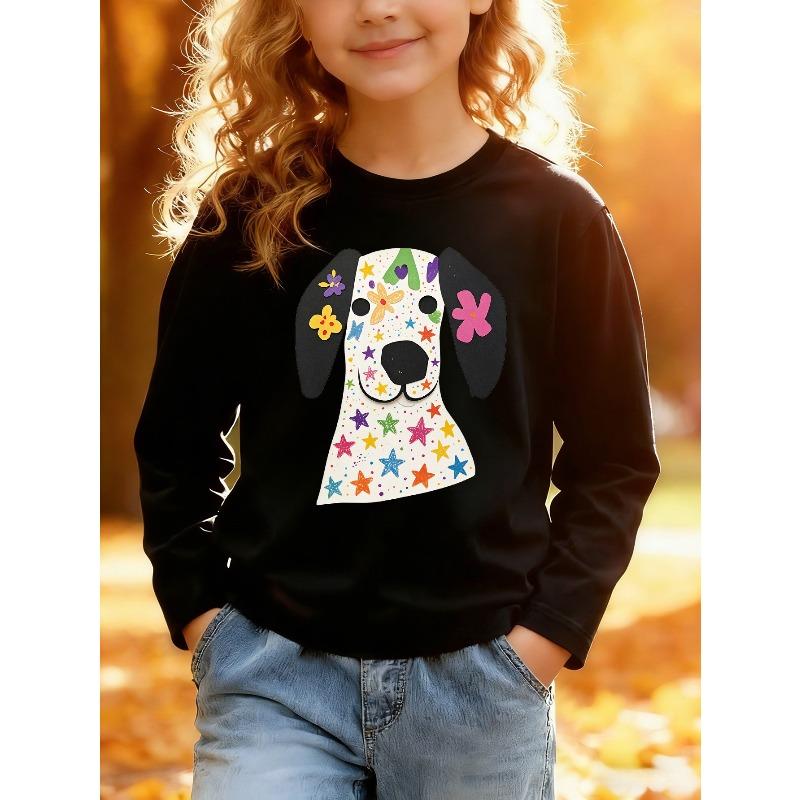 European sizes Kids Spring Autumn Casual Long Sleeve TShirt Cartoon Puppy Print Black Ears Colorful Flowers Stars Dots Skinfriendly Soft