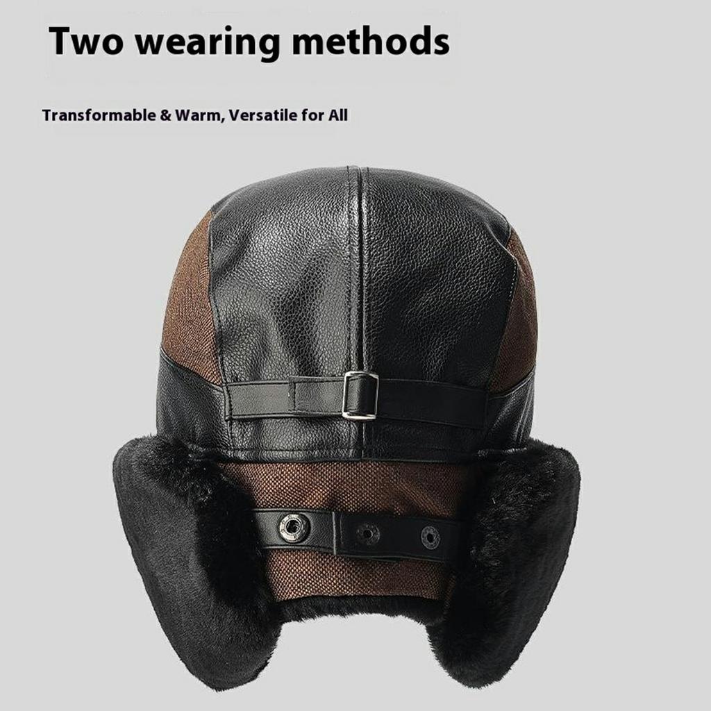 Winter PU Trapper Hat Outdoor Windproof Ski Cap Ear Flap Protection Thickened Fleece Lined Warm Hat