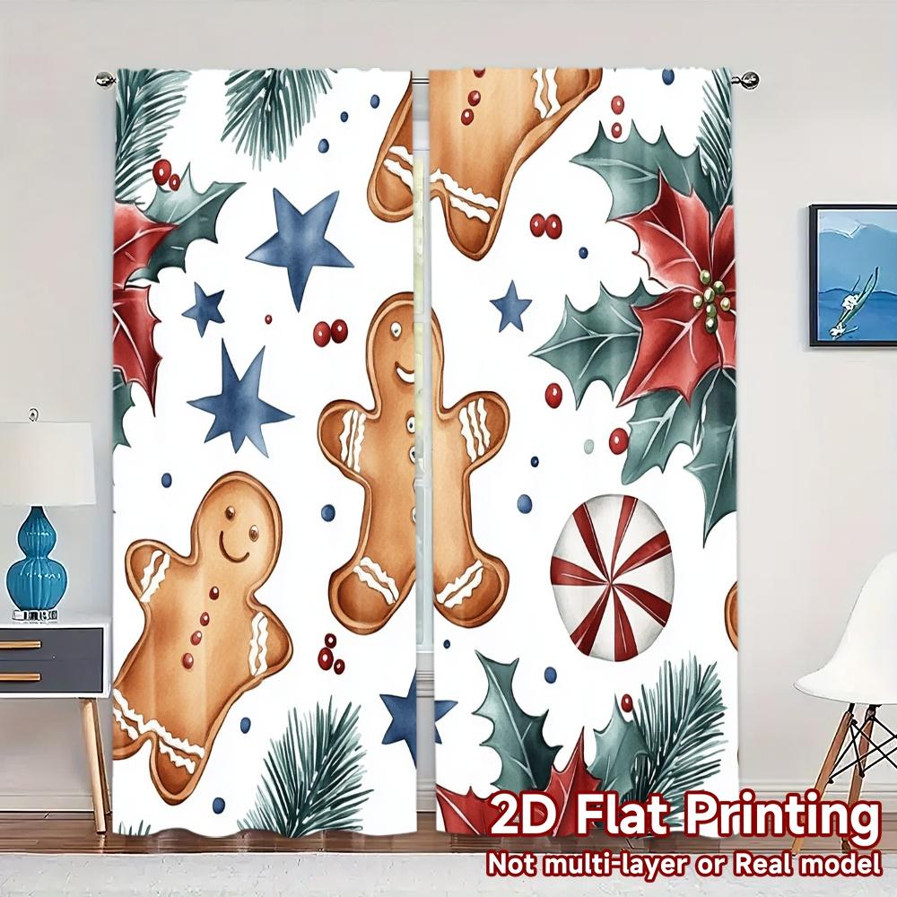

2pcs,Curtains Christmas Cookies Stars Holly (3) Popular Fashionable Curtains Machine Washable Fabric Curtains Decorations 52.50×116.00 CM 2pcs