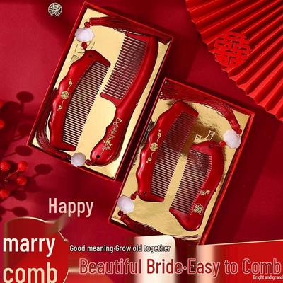 Burgunderrotes Holz-Hochzeitskamm-Set mit Spiegel - Braut-Mitgift-Geschenkbox