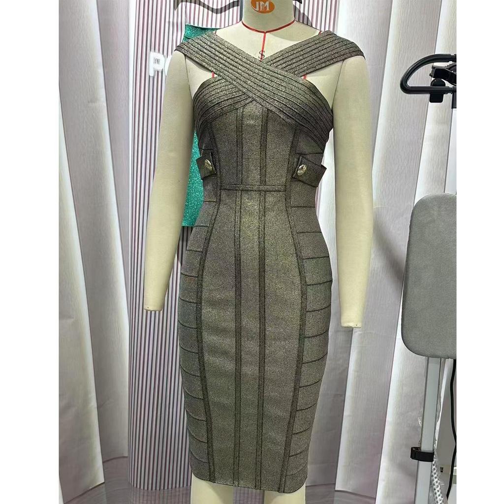 Women's Sleeveless One-Shoulder Gold & Silver Trim Midi Bandage Evening Dress