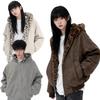Brown Double-Sided Leopard Print Hooded Cotton Jacket, Unisex Winter Velvet-Lined Weatherproof PU Leather Warm Coat