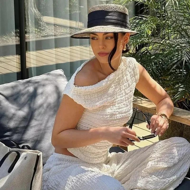 Casual Long Pants Suit Women Loose Solid Elastic Sleeveless Irregular Sets Female Fashion High Waist Puffy Set 2 Pieces Lady