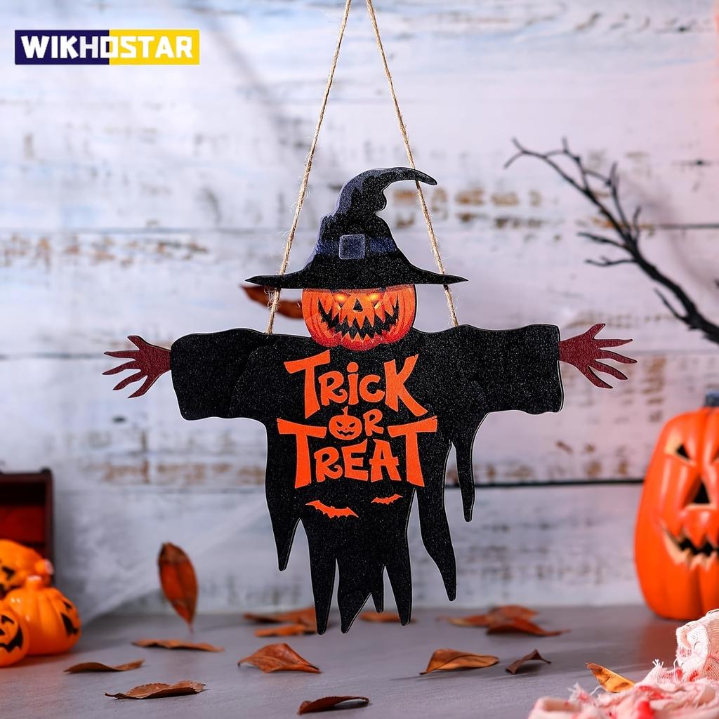 1pcs 2D Halloween Trick-or-Treat Wooden Sign Monster Face Pumpkin Design Rope Hanger Porch Wall or Halloween Garden Party Decora