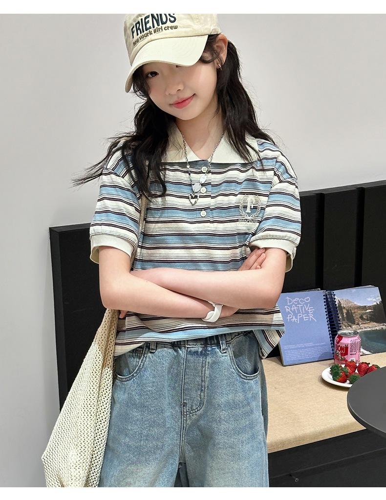 Gestreiftes Polo-Shirt und Jeans-Hose mit weitem Bein für Mädchen - Koreanischer Stil Lässige Sommer-Mode
