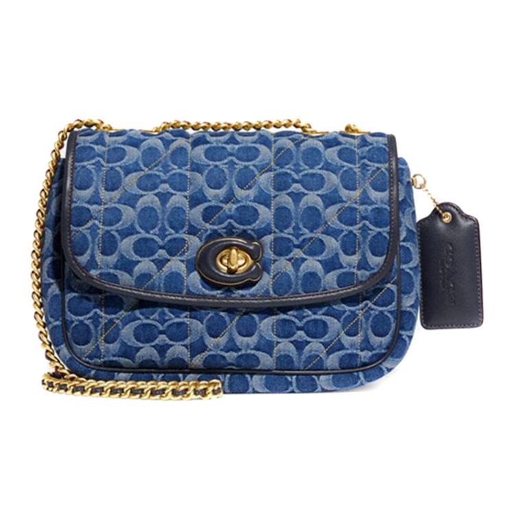 New COACH Pillow Denim With Leather Chain Bag, Crossbody Bag, Shoulder Bag Women's Marine Blue CA104-B4UDF