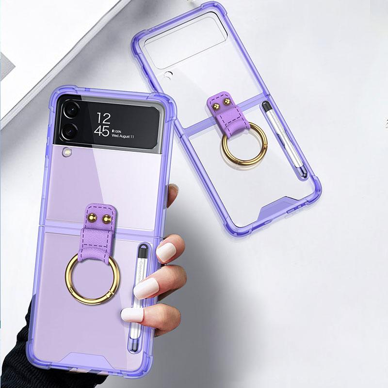 

GKK For Samsung Galaxy Z Flip4 5G Finger Ring Design Airbag Anti-fall TPU Transparent Phone Case with Stylus Pen Transparent Purple