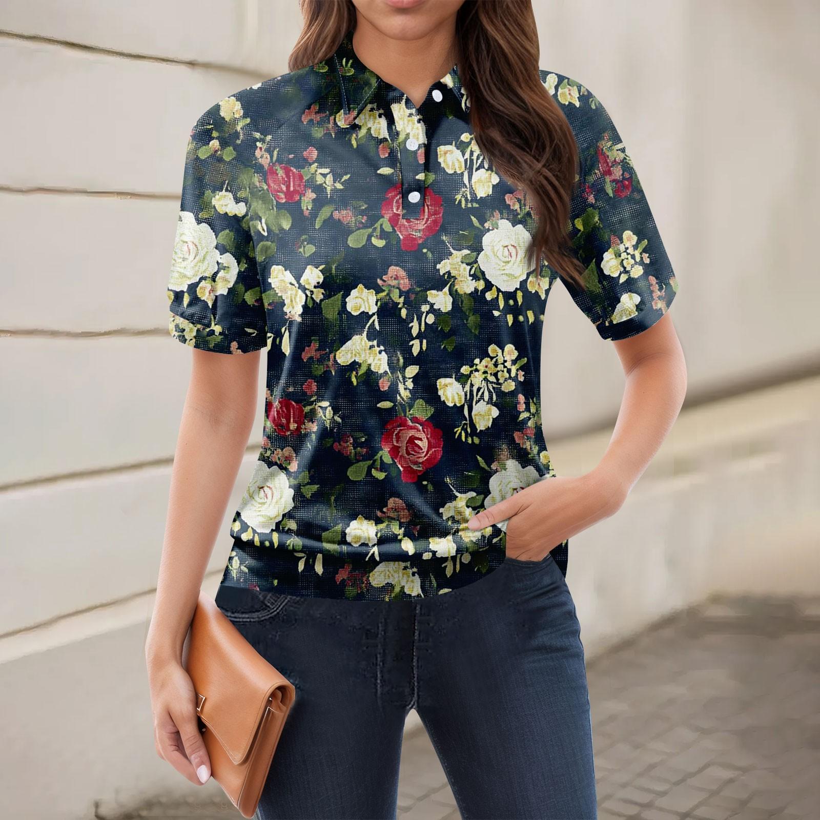 

Жіноча повсякденна футболка з V-подібним вирізом і короткими рукавами з квітковим принтом і декоративними ґудзиками L чорний