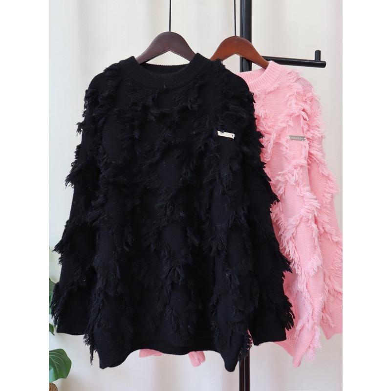 

Осень и зима новый трикотажный свитер средней длины с бахромой, свободный свитер-пуловер в ленивом стиле для женщины one size fits all чёрный