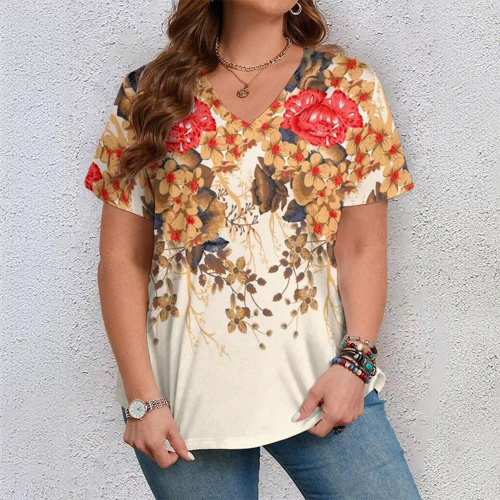 

Повседневная Универсальная Модная Тенденция Высококачественная Футболка с Коротким Рукавом и V-образным Вырезом с Цветочным Узором 5XL