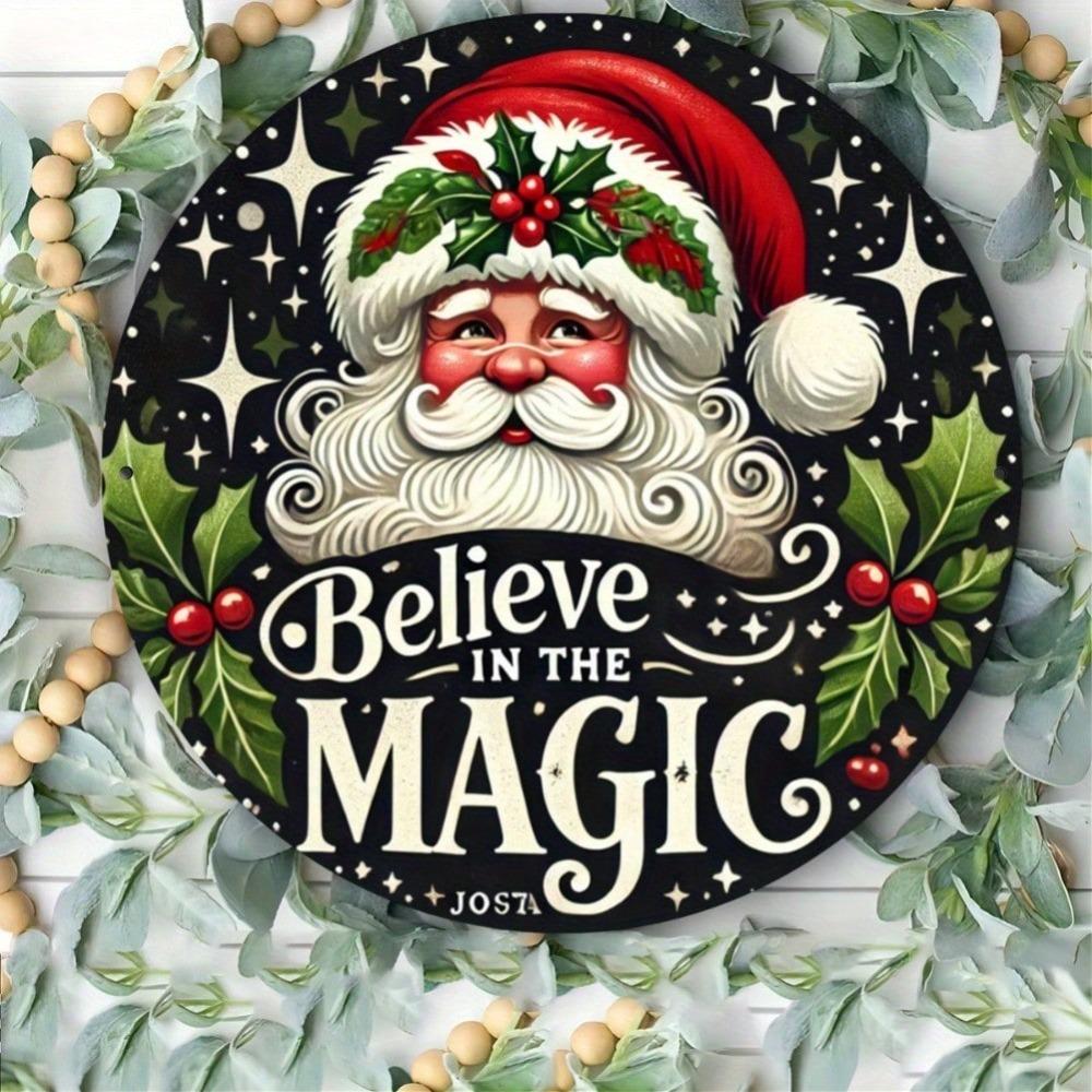Vintage Věř v kouzlo Santa Claus Věnec z cesmíny Kulatá kovová nástěnná dekorace Vánoční svátek Dárek Vnitřní Venkovní