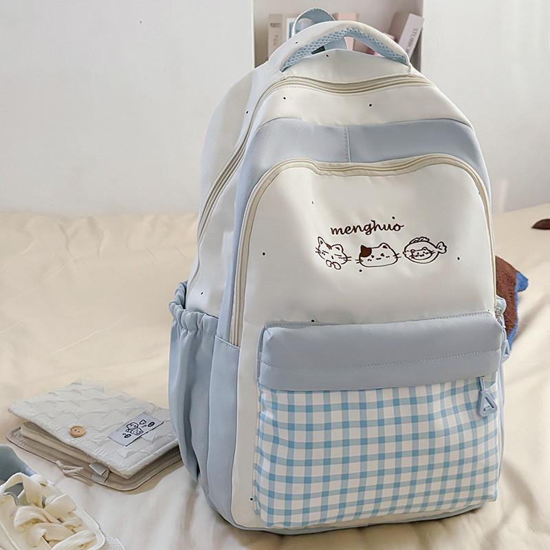 Grid Cat Fashion Embroidery Pattern Unisex Nylon School Backpack For Daily Use