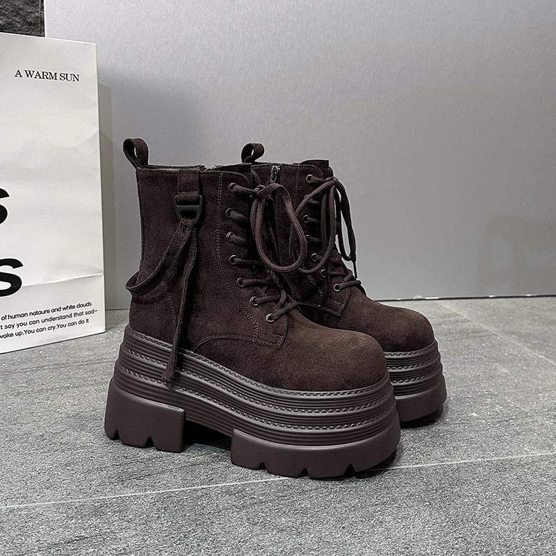 Fashion Women's Chunky Motorcycle Boots Autumn Suede Leather Hidden Heels Sneakers Winter Punk Boots 10CM Heels Platform Mid-calf Boots