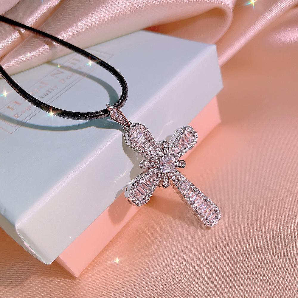 Exquisite White Zircon Cross Pendant Necklace Women's 925 Geometric Cute/Romantic Chain Birthday Party Engagement Jewelry