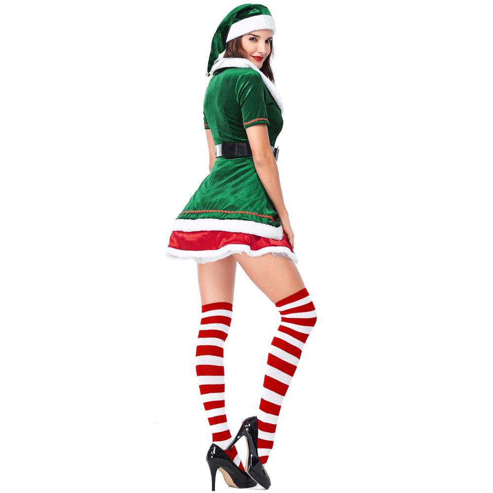 Erwachsene Damen Neujahr Weihnachten Xmas Grünes Elfenkleid Hut Gürtel Sets Halloween Rollenspiel Verkleiden Cosplay Kostüm