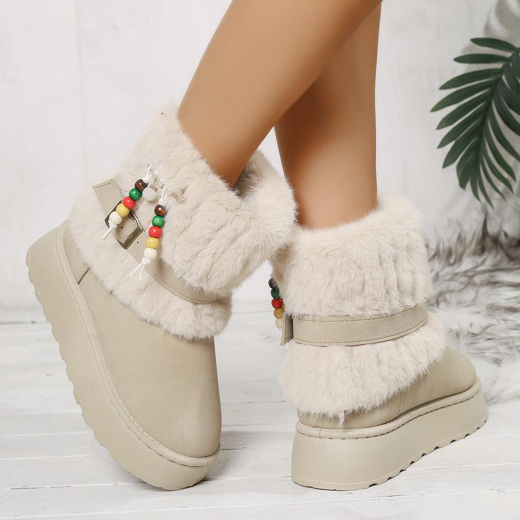 Modische Damen Kunstfell Schneestiefel 2025 Winter Komfort Dicke Sohle Fellige Stiefeletten Farbige Perlen Designer Schuhe für Frau Größe 43