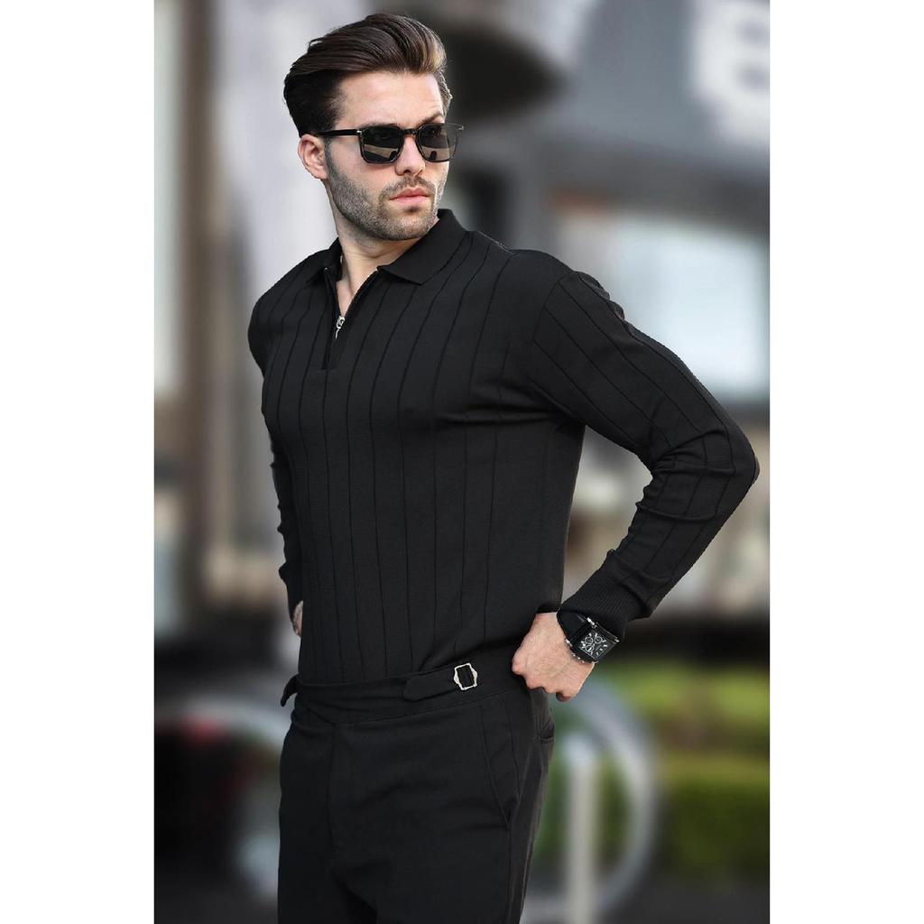 Black Polo Neck Zippered Knitted Sweater 7242