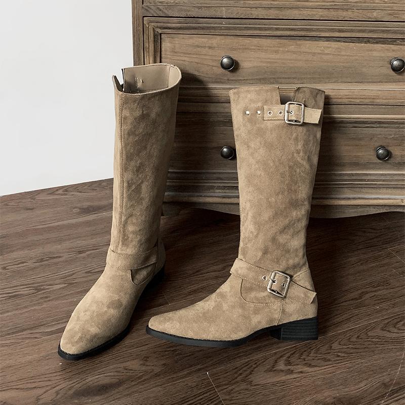 

Vintage Women Western Cowgirl Boots Fashion Belt Buckle Shoes Autumn Winter Low Heel Women s Knight Long Booties 35