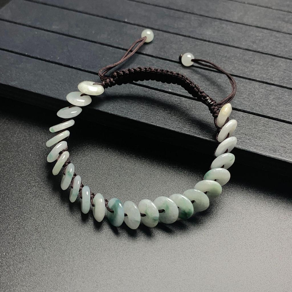 Hand-Woven A-Grade Burmese Jade Ping An Kou Bracelet with Ice Seed and Floating Flowers for Men and Women