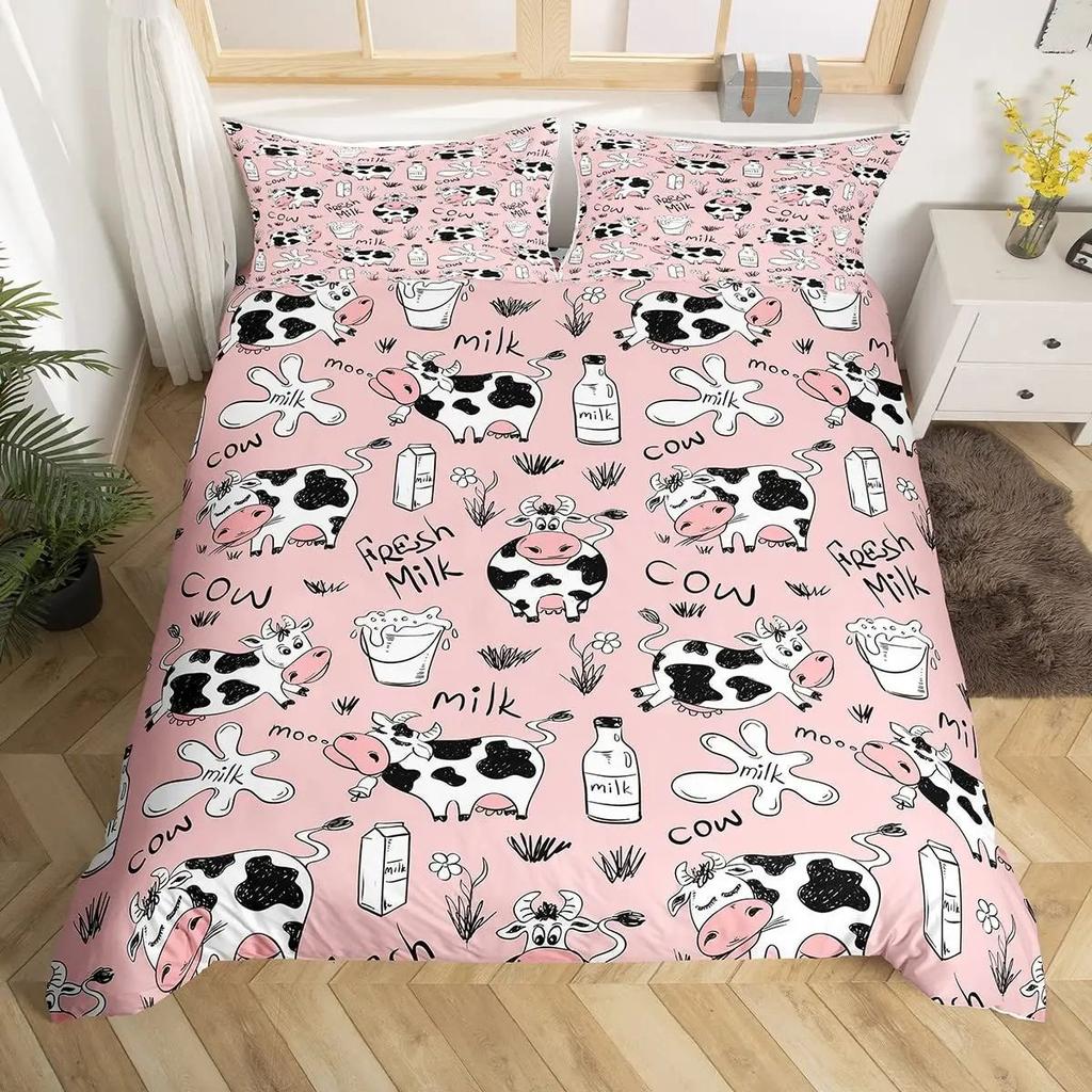 Cartoon Cow Duvet Set Three-Piece Strawberry Pattern Quilt Set Kawaii Cow Bedding Set