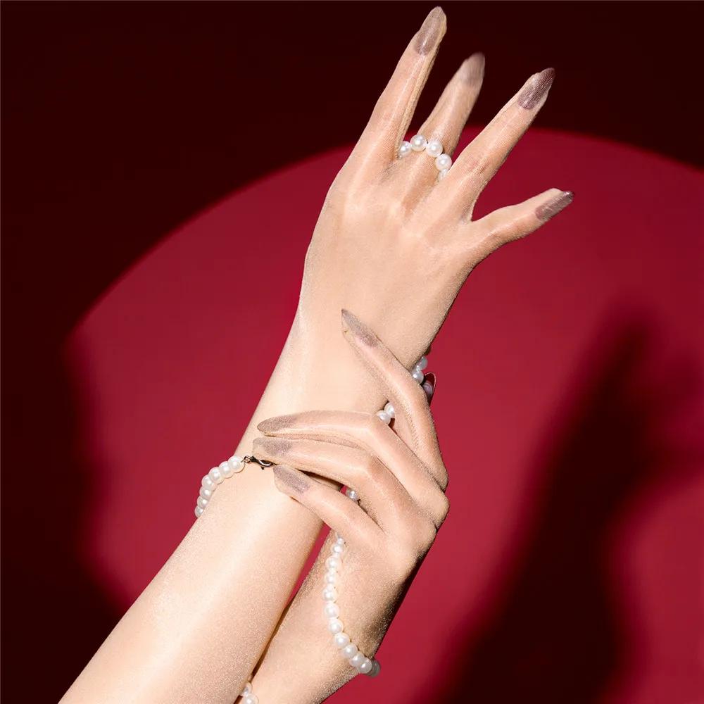 

1D Thin Oil Shiny Elastic Gloves Five Finger Driving Party Gloves Women Long Sheer See Through Gloves Dance Elgant Clothing M