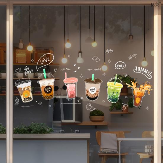 Bubble Milk Tea Window Cling Cafe Milk Tea Static Stickers Removable PVC Boba Tea House Decals for Milk Tea Shops Coffee Shops Bakeries