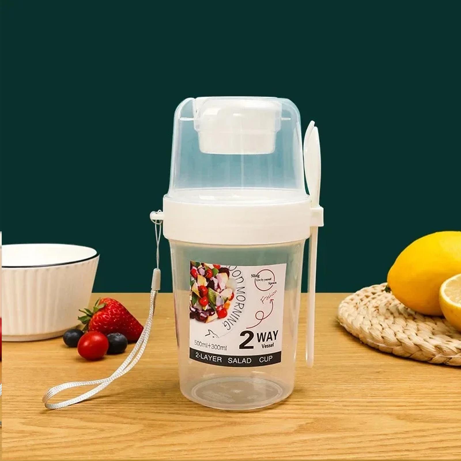 

Салат Овсяная чашка 500мл+300мл Герметичная крышка с вилкой ложкой Ремешок на запястье Портативный контейнер для приготовления еды бенто для офиса спортзала путешествий 860ml белый