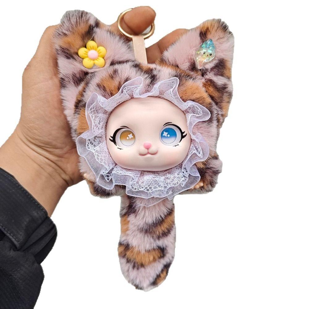 Cute Design Lace Leopard Print Cat Plush Keychain Vinyl Face Doll Pendant  Jewelry Accessories