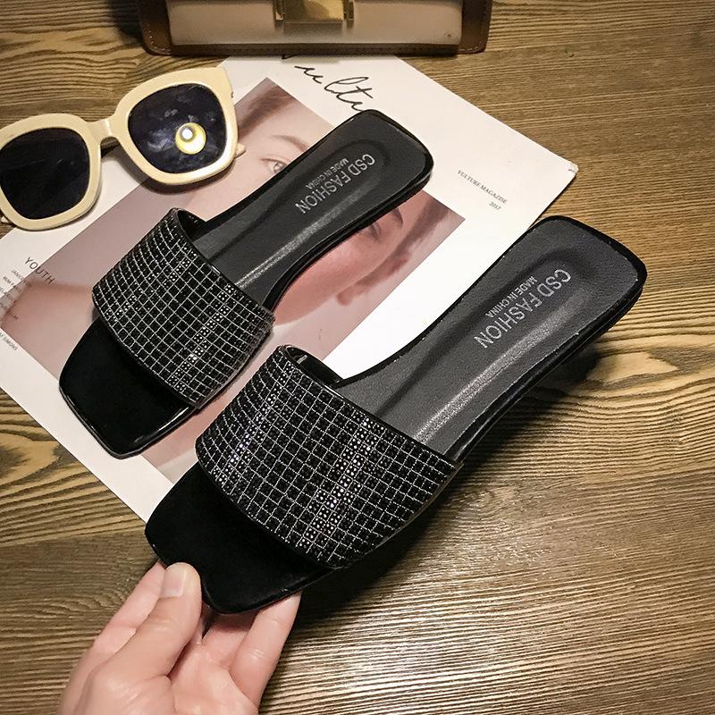 

Foreign trade rhinestone flat-bottomed slippers women s one-character one-pedal solid color fashion beach cool slippers women s shoes 2025 42 чёрный