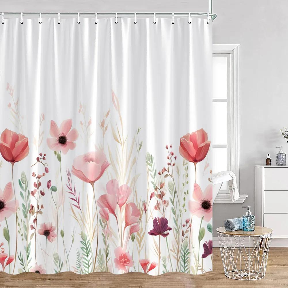 Watercolor Flowers Floral Shower Curtains Butterfly Greenery Plants Nature Home Decor for Bathroom Polyester Fabric Bath Curtain