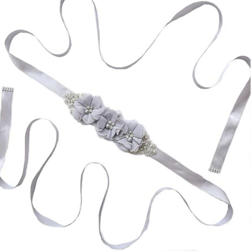 Pearl Embellishment Flower Sash Belt Handmade Beading Rhinestone Waist Band Party Dress Up