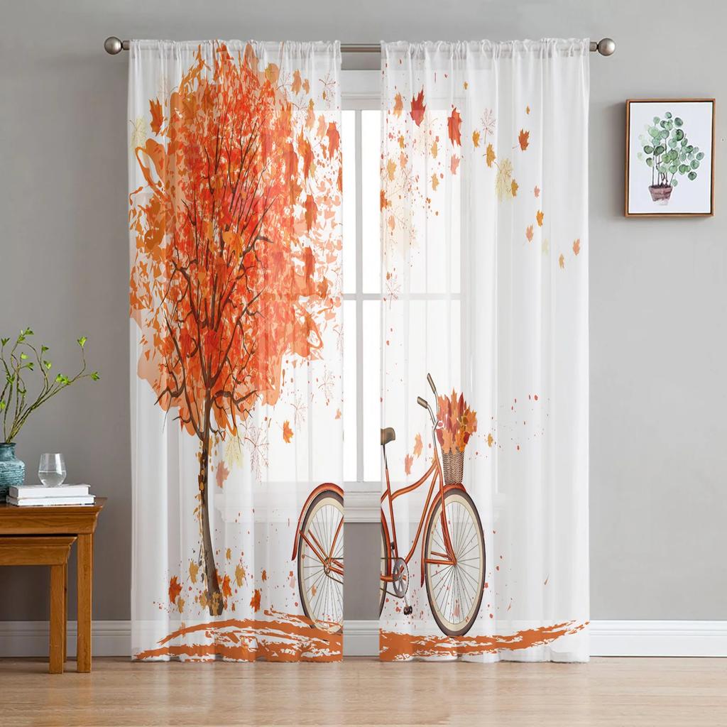 Maple Leaf Autumn Forest Landscape Tulle Curtains Living Room Bedroom Decoration Voile Window Party Drapes Curtain Sheer Polyester Ideal For Area