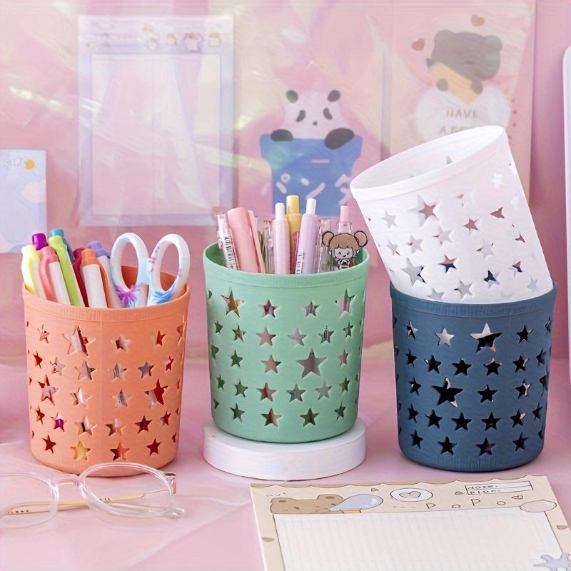 Hollow Star Plastic Pen Holders - Round Desktop Organizers with Cute Animal & Star Designs, Ideal for Office & Art Supplies